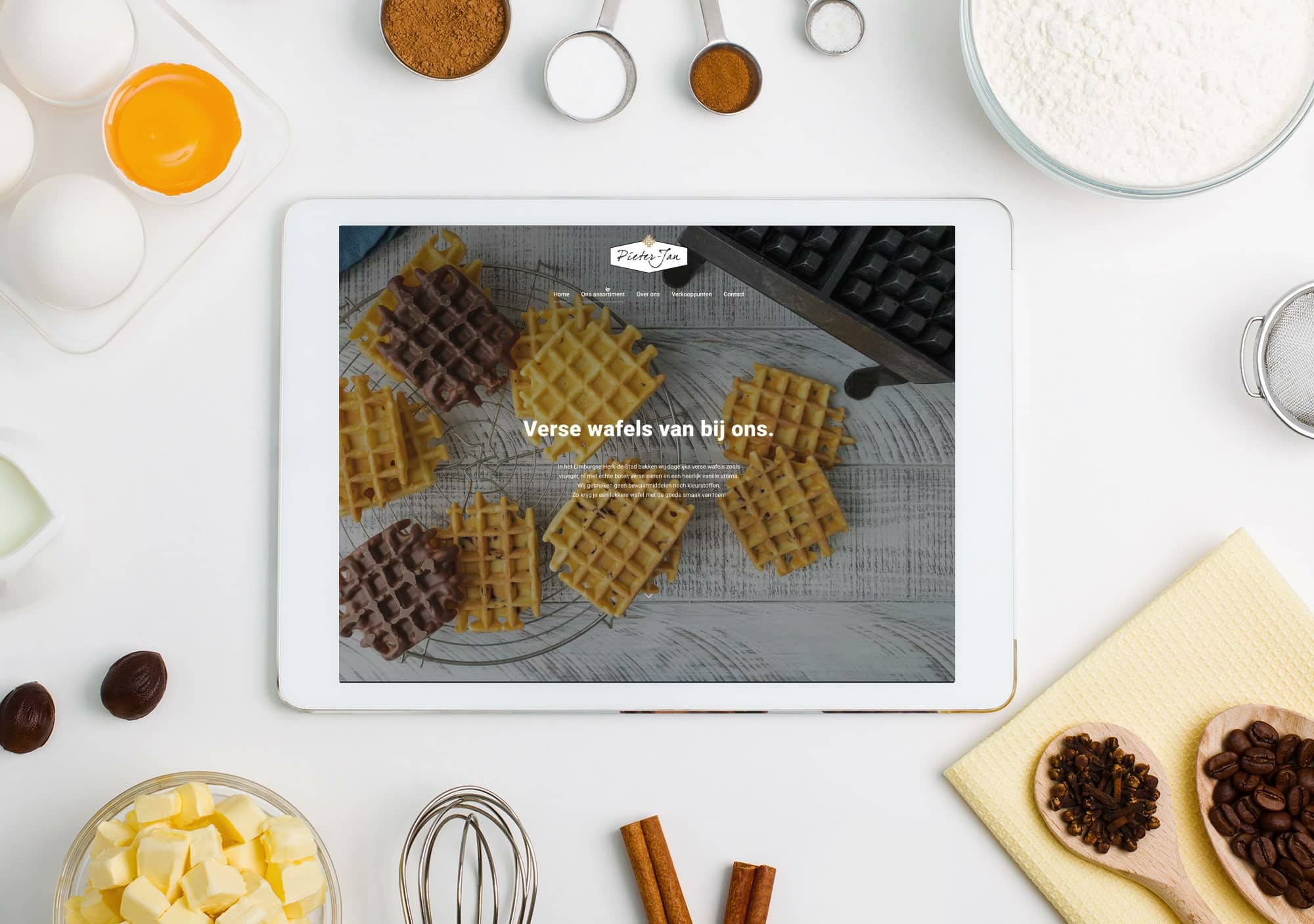 Case Pieter Jan Wafels – website op tablet, webdesign Herk-de-Stad